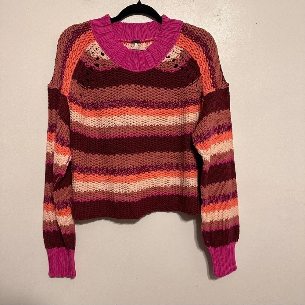 Free People Devon Striped Cropped Sweater Pink cotton blend size large